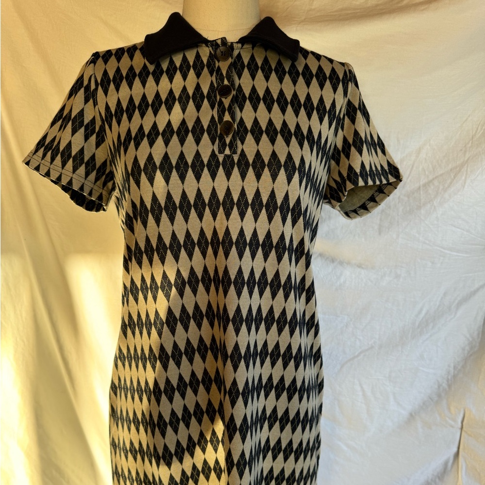 Marilou Wolfe - Short-sleeved midi dress in cream, blue and yellow damier